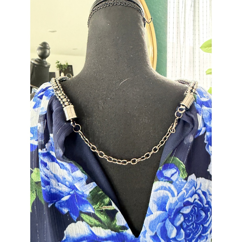 SLNY Blue Floral Tiered Halter Dress Metallic Stripe Size 18 Resortwear Vacation - Picture 5 of 11